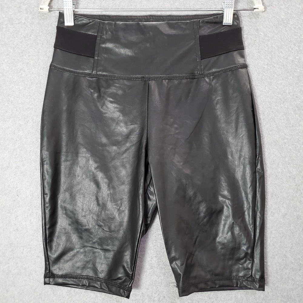 Bebe Women Shorts Medium Black Faux Leather Biker Stretch Logo Rhinestones